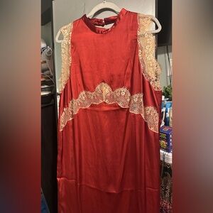 NWT ASOS Brick Red Sleeveless Dress with Gold Lace Accents